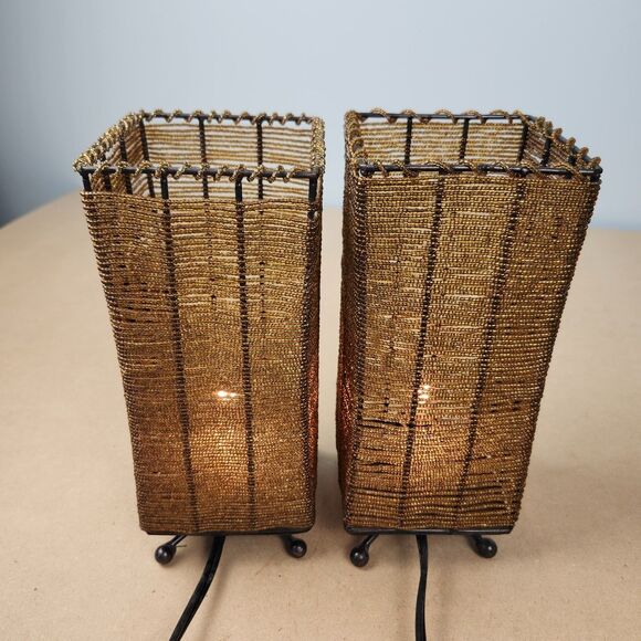 Beaded Table Lamps Set of 2 Warm Glow Mesh Shades Ambient Light Modern Boho 9x4 - Picture 2 of 7